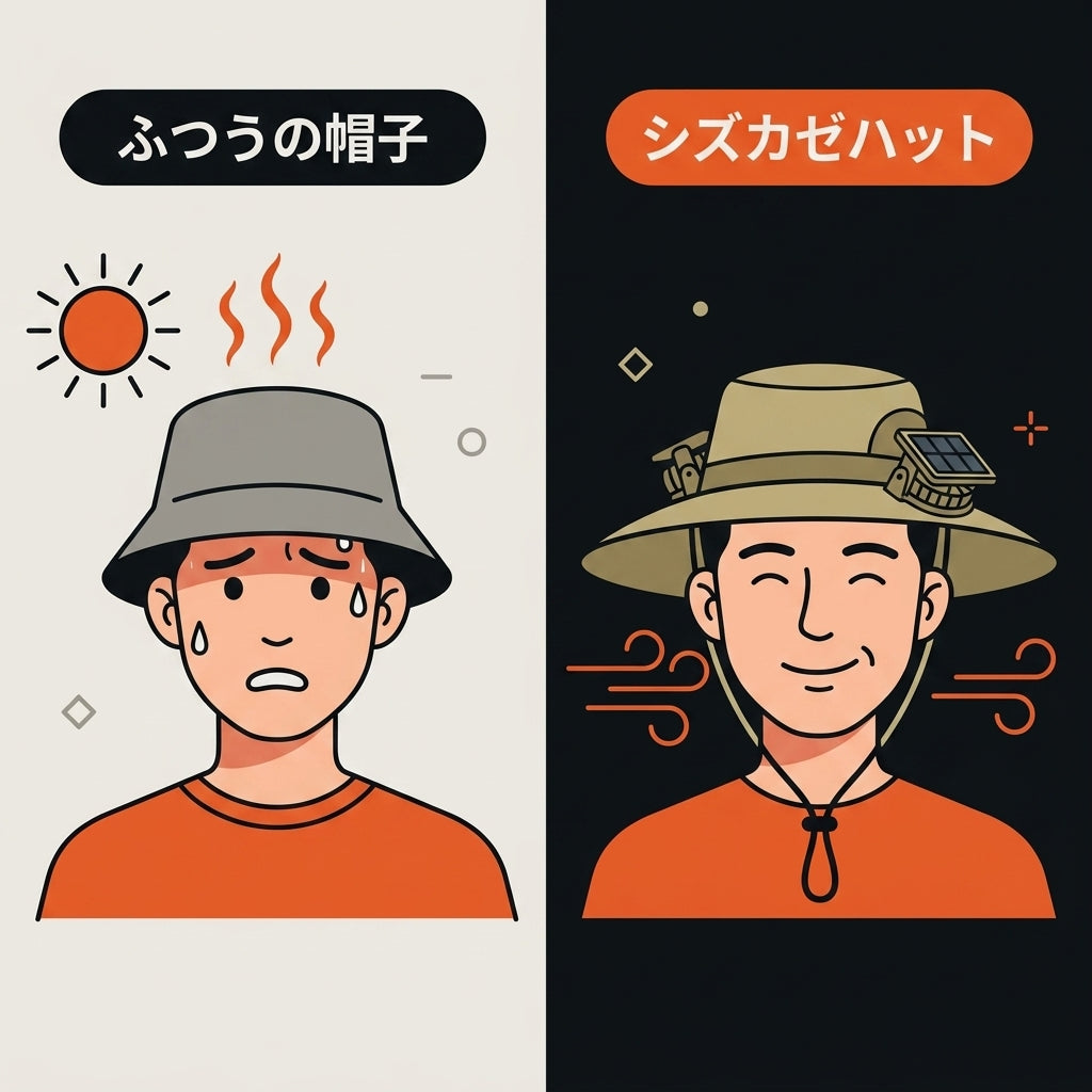 シズカゼハット™|日差しが、涼風に変わる。ソーラーファン付きUVカットハット(電源不要・ファン着脱式)