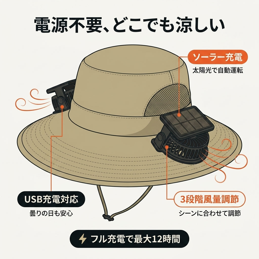 シズカゼハット™|日差しが、涼風に変わる。ソーラーファン付きUVカットハット(電源不要・ファン着脱式)